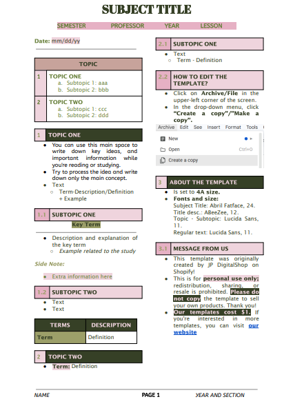 NOTES TEMPLATE "BOTANY" | ENG/ESP